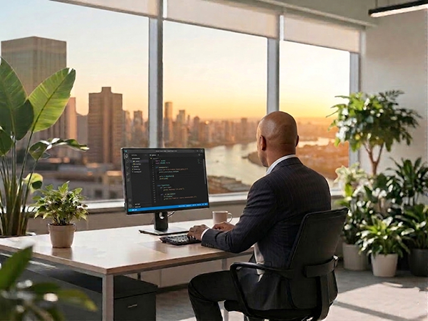 An over-the-shoulder photograph from behind a bald man in a pinstripe suit, who is sitting at a wooden desk with his back to the camera. He is working on a computer monitor which shows dark-themed code, possibly Visual Studio Code. The desk is surrounded by large, leafy potted plants. A massive floor-to-ceiling window behind him reveals a sweeping view of a city skyline at sunset, with a river and distant buildings bathed in a warm orange and golden light;