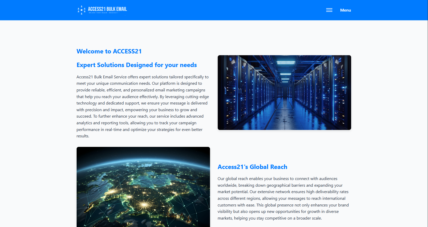 Access21 Bulk Email Service website homepage featuring blue branding, welcome text about global email marketing solutions, a server data center image, and a global network connectivity graphic representing worldwide communication services.