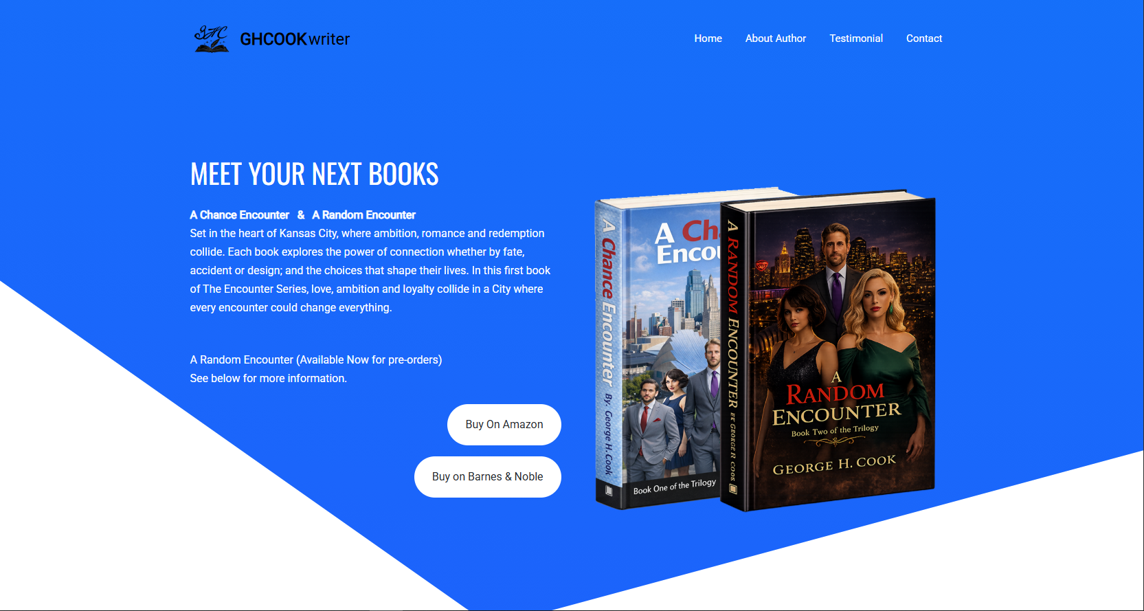 GHCOOKwriter homepage banner featuring the books 'A Chance Encounter' and 'A Random Encounter' by George H. Cook, set against a blue Kansas City-inspired background with book cover artwork and purchase buttons for Amazon and Barnes & Noble.