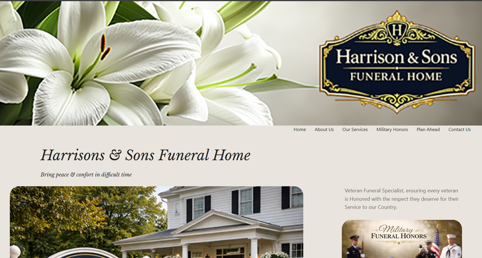 Harrison & Son Funeral Services website homepage featuring a professional design with a modern color scheme, a navigation menu, and a gallery of attorney profiles and case studies.