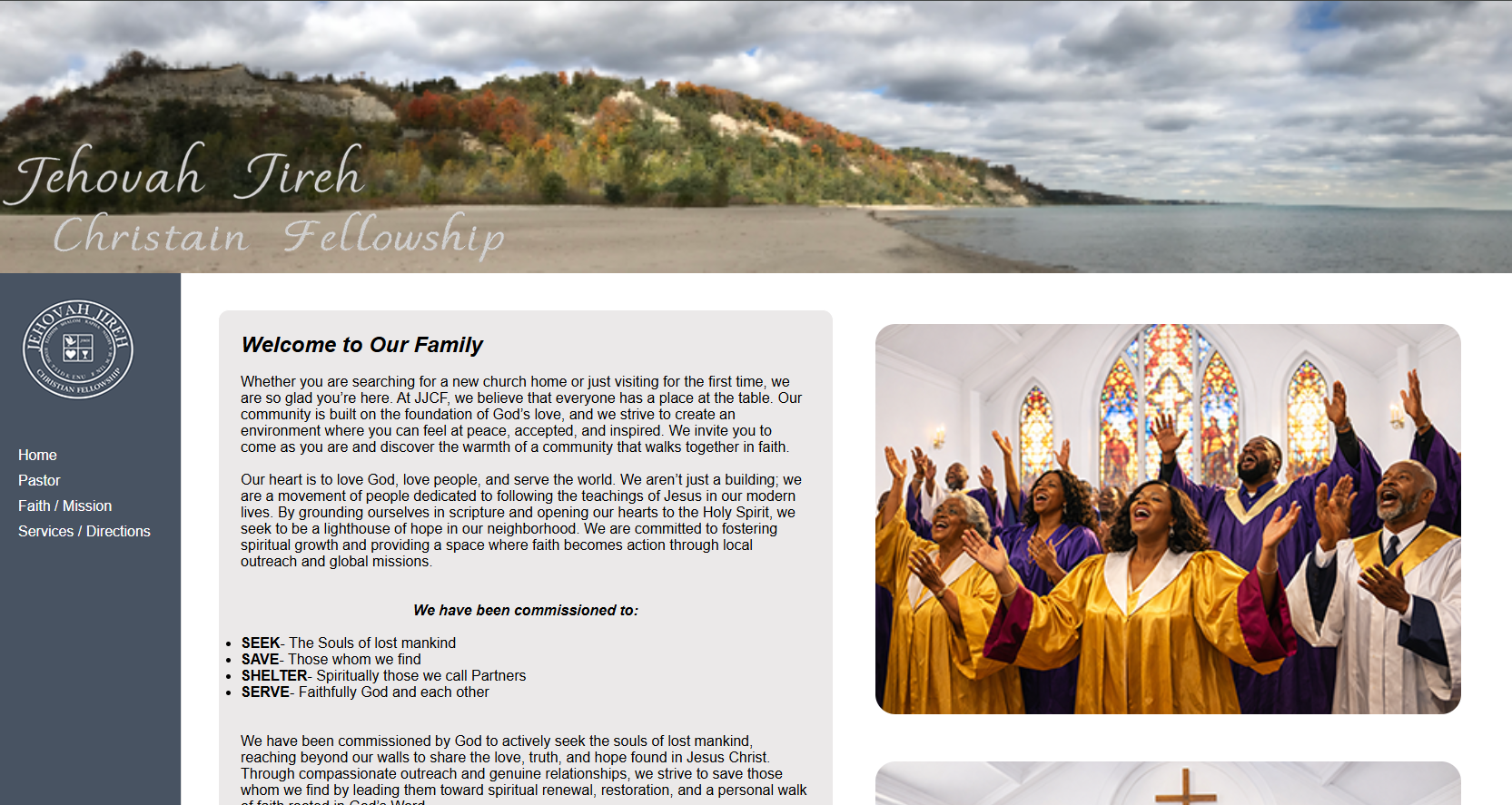 Jehovah Jireh Christian Fellowship church website homepage featuring a lakeside banner, welcome message about faith and community, church navigation menu, and worship choir members singing inside a church sanctuary.