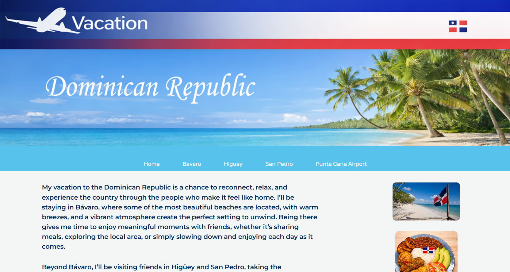 personal travel webpages pages featuring a tropical beach background, property review, and airport information.